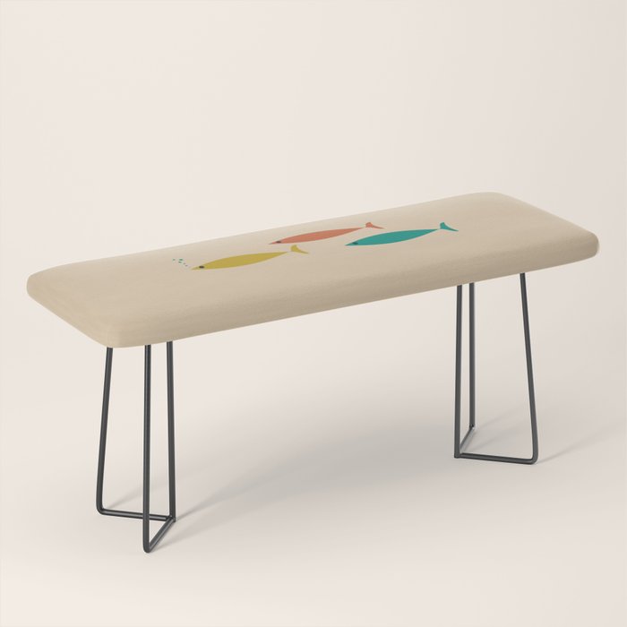 Mid-Century Modern Minimalist Fish Trio in Mid Mod Turquoise Teal, Mustard, Orange, and Beige Bench Gallery Image 1