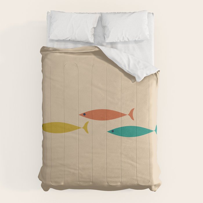 Mid-Century Modern Minimalist Fish Trio in Mid Mod Turquoise Teal, Mustard, Orange, and Beige Comforter Gallery Image 1