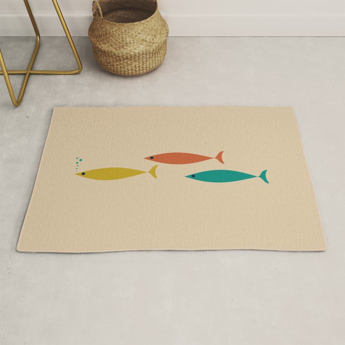 Mid-Century Modern Minimalist Fish Trio in Mid Mod Turquoise Teal, Mustard, Orange, and Beige Rug Gallery Image 1