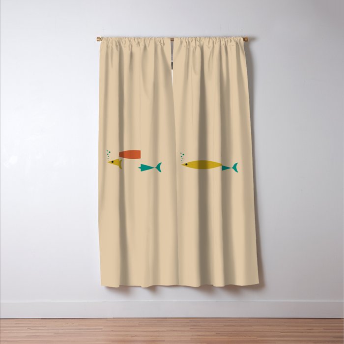 Mid-Century Modern Minimalist Fish Trio in Mid Mod Turquoise Teal, Mustard, Orange, and Beige Window Curtain Gallery Image 3
