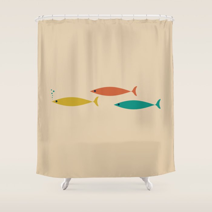 Mid-Century Modern Minimalist Fish Trio in Mid Mod Turquoise Teal, Mustard, Orange, and Beige Shower Curtain Gallery Image 1