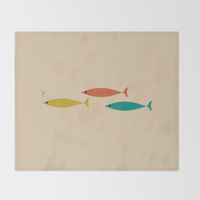 Mid-Century Modern Minimalist Fish Trio in Mid Mod Turquoise Teal, Mustard, Orange, and Beige Throw Blanket Gallery Image 2