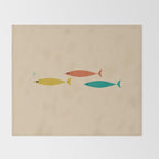 Mid-Century Modern Minimalist Fish Trio in Mid Mod Turquoise Teal, Mustard, Orange, and Beige Throw Blanket Gallery Image 2