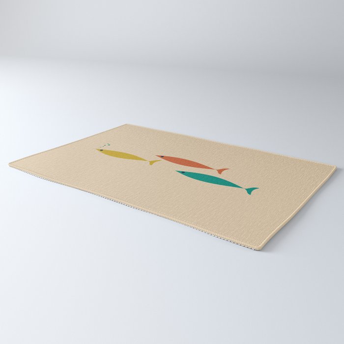 Mid-Century Modern Minimalist Fish Trio in Mid Mod Turquoise Teal, Mustard, Orange, and Beige Rug Gallery Image 3