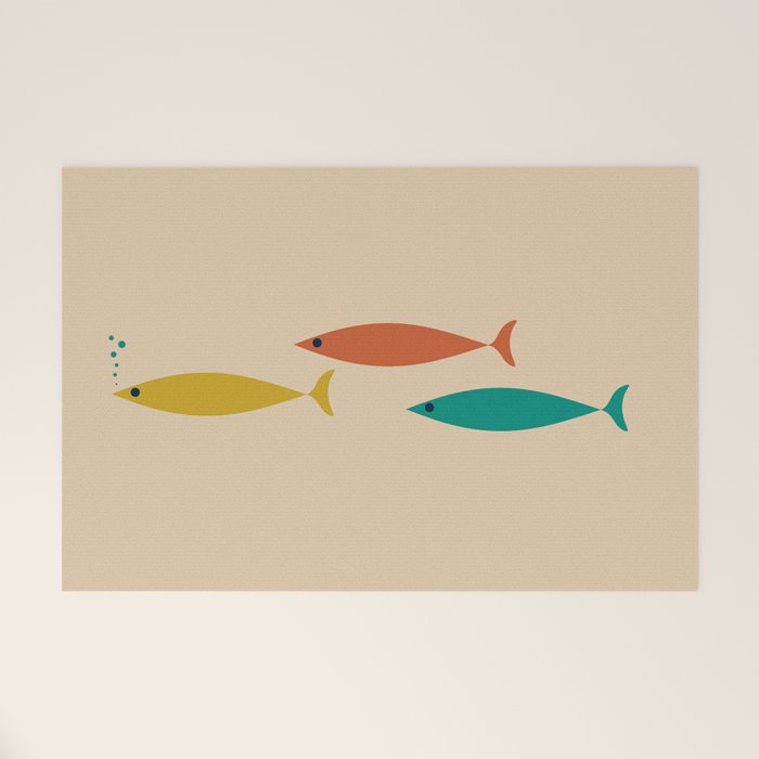 Mid-Century Modern Minimalist Fish Trio in Mid Mod Turquoise Teal, Mustard, Orange, and Beige Welcome Mat Gallery Image 1