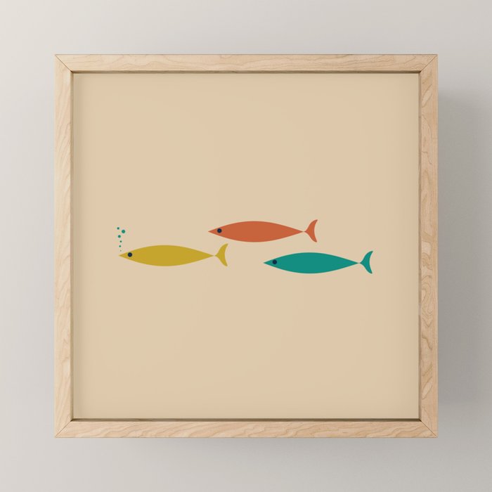 Mid-Century Modern Minimalist Fish Trio in Mid Mod Turquoise Teal, Mustard, Orange, and Beige Mini Art Print Gallery Image 1