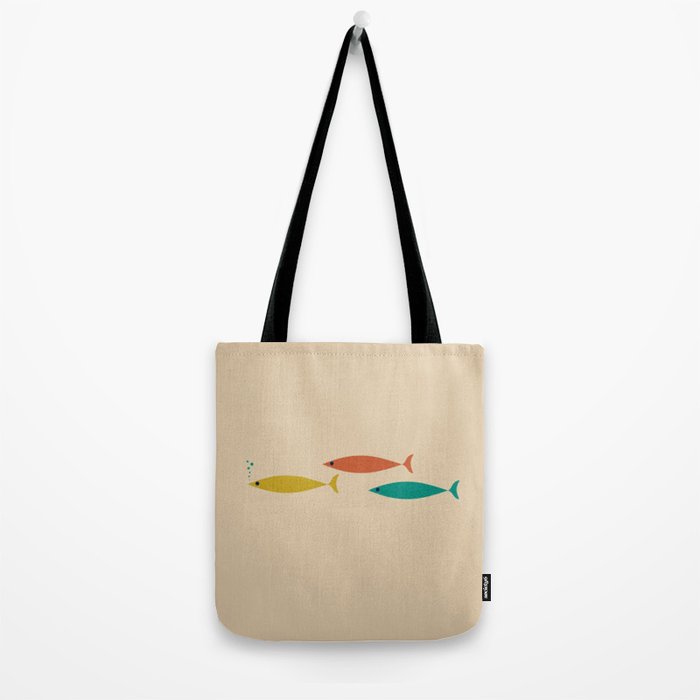 Mid-Century Modern Minimalist Fish Trio in Mid Mod Turquoise Teal, Mustard, Orange, and Beige Tote Bag Gallery Image 2