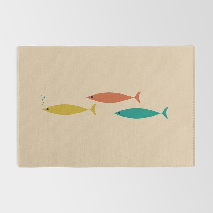 Mid-Century Modern Minimalist Fish Trio in Mid Mod Turquoise Teal, Mustard, Orange, and Beige Rug Gallery Image 2