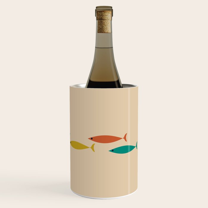 Mid-Century Modern Minimalist Fish Trio in Mid Mod Turquoise Teal, Mustard, Orange, and Beige Wine Chiller Gallery Image 1