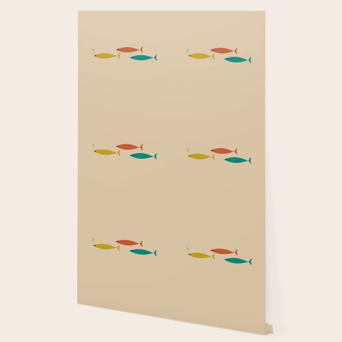 Mid-Century Modern Minimalist Fish Trio in Mid Mod Turquoise Teal, Mustard, Orange, and Beige Wallpaper Gallery Image 2