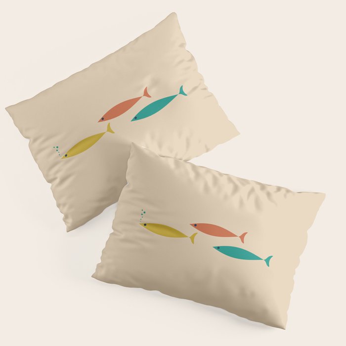 Mid-Century Modern Minimalist Fish Trio in Mid Mod Turquoise Teal, Mustard, Orange, and Beige Pillow Sham Gallery Image 3