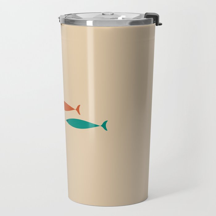 Mid-Century Modern Minimalist Fish Trio in Mid Mod Turquoise Teal, Mustard, Orange, and Beige Travel Mug Gallery Image 2