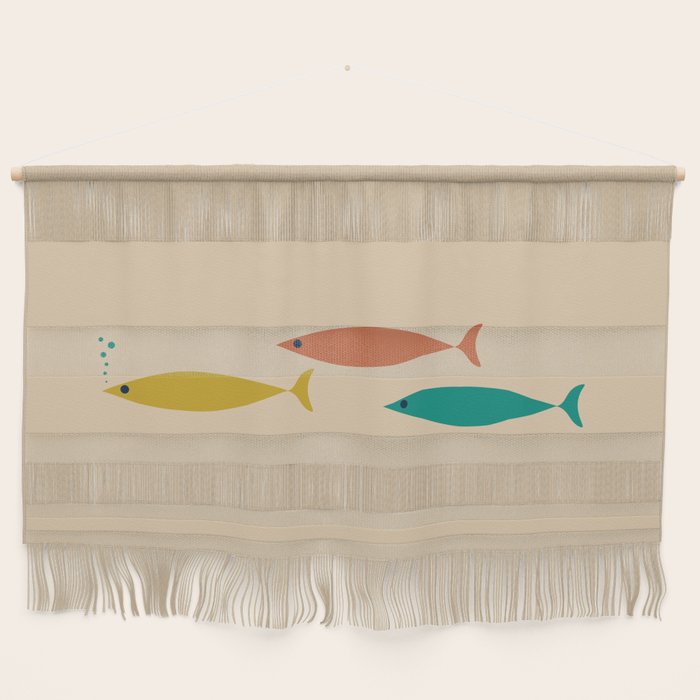 Mid-Century Modern Minimalist Fish Trio in Mid Mod Turquoise Teal, Mustard, Orange, and Beige Wall Hanging Gallery Image 1