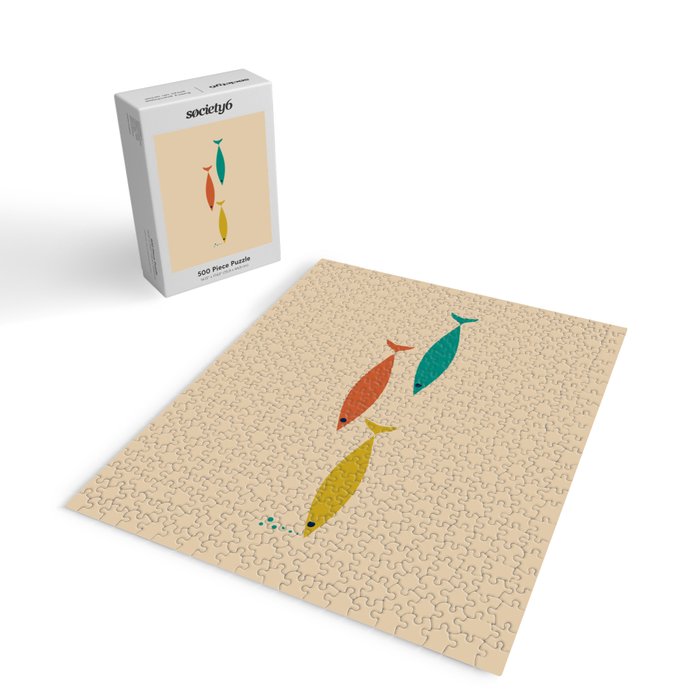 Mid-Century Modern Minimalist Fish Trio in Mid Mod Turquoise Teal, Mustard, Orange, and Beige Jigsaw Puzzle Gallery Image 2