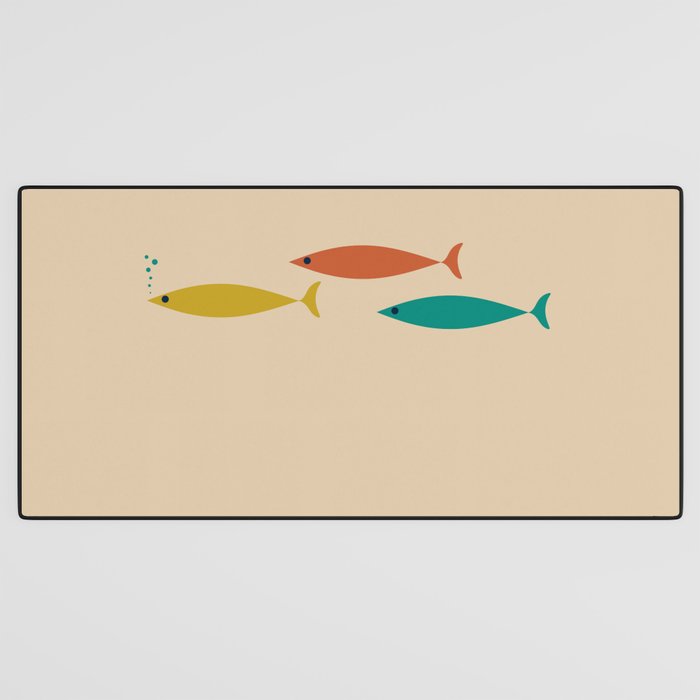 Mid-Century Modern Minimalist Fish Trio in Mid Mod Turquoise Teal, Mustard, Orange, and Beige Desk Mat Gallery Image 3