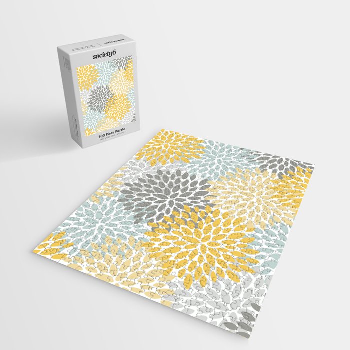 Floral Pattern, Yellow, Pale, Aqua and Gray Jigsaw Puzzle Gallery Image 2