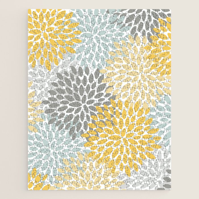 Floral Pattern, Yellow, Pale, Aqua and Gray Jigsaw Puzzle Gallery Image 1