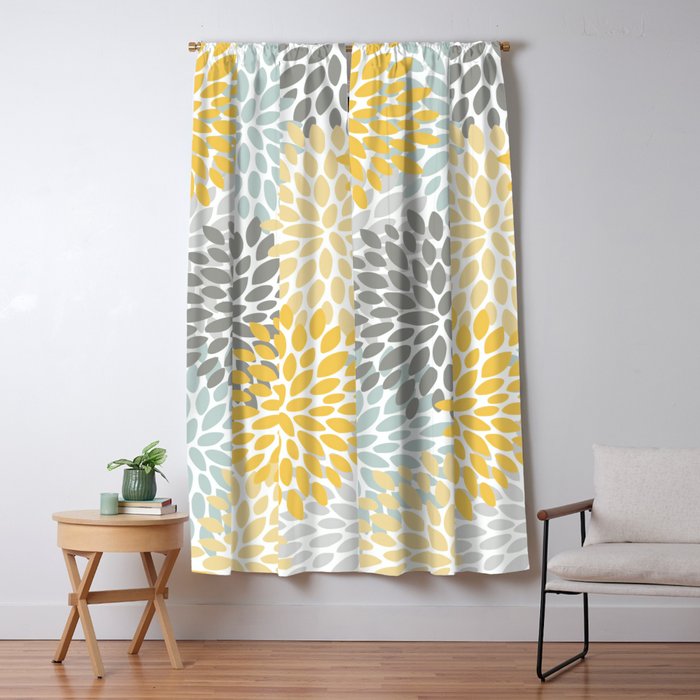 Floral Pattern, Yellow, Pale, Aqua and Gray Window Curtain Gallery Image 1