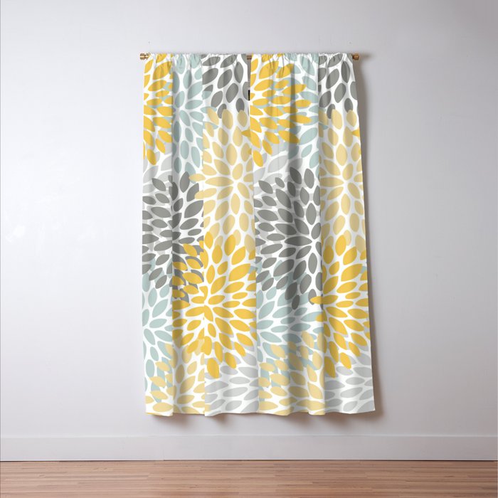 Floral Pattern, Yellow, Pale, Aqua and Gray Window Curtain Gallery Image 3