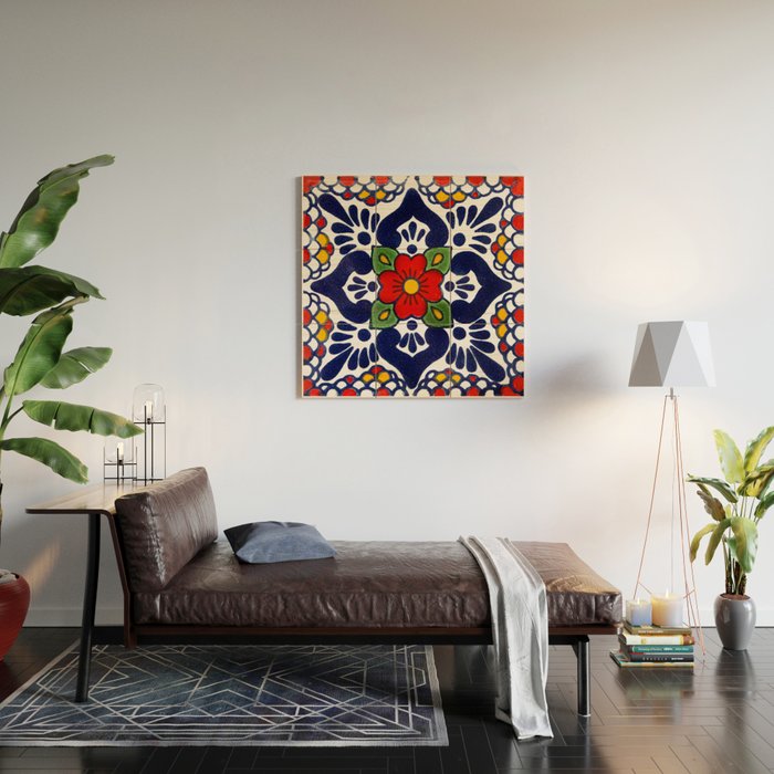 talavera mexican tile in blu Wood Wall Art Gallery Image 2