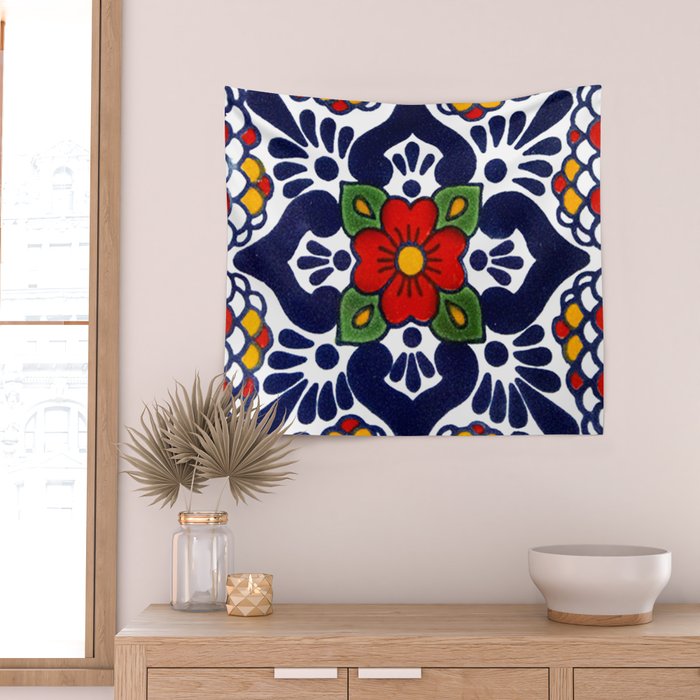 talavera mexican tile in blu Wall Tapestry Gallery Image 2