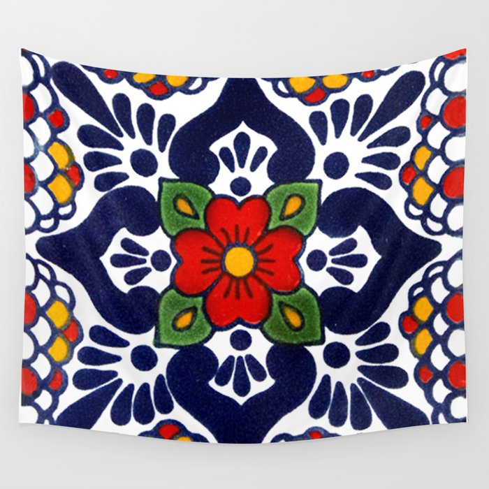 talavera mexican tile in blu Wall Tapestry Gallery Image 4