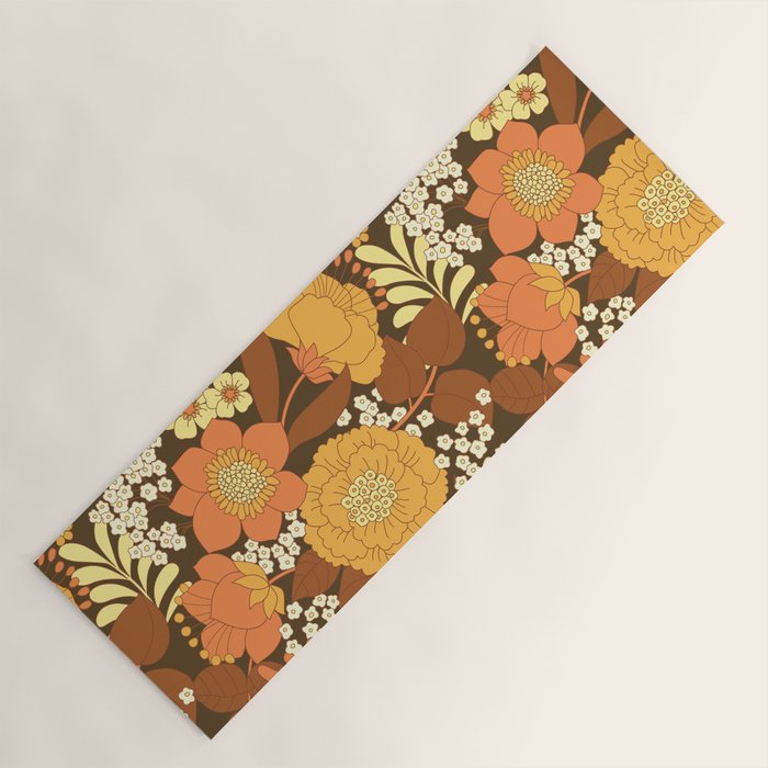 Brown, Yellow, Orange qnd Ivory Retro Flowers Yoga Mat Gallery Image 1
