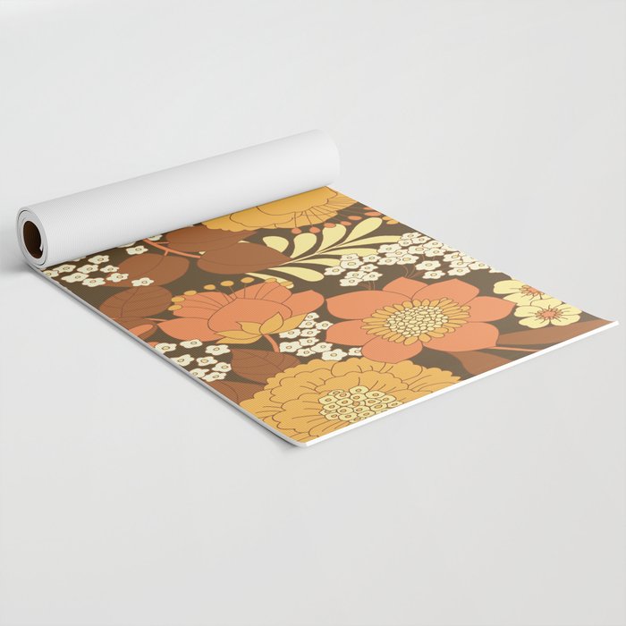 Brown, Yellow, Orange qnd Ivory Retro Flowers Yoga Mat Gallery Image 2