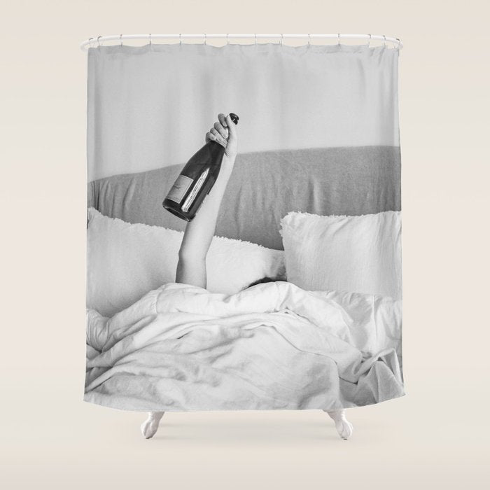 Champagne In Bed - Black And White Photography - Girl With Alcohol Bottle In Hand Photograph - Photo Shower Curtain Gallery Image 1