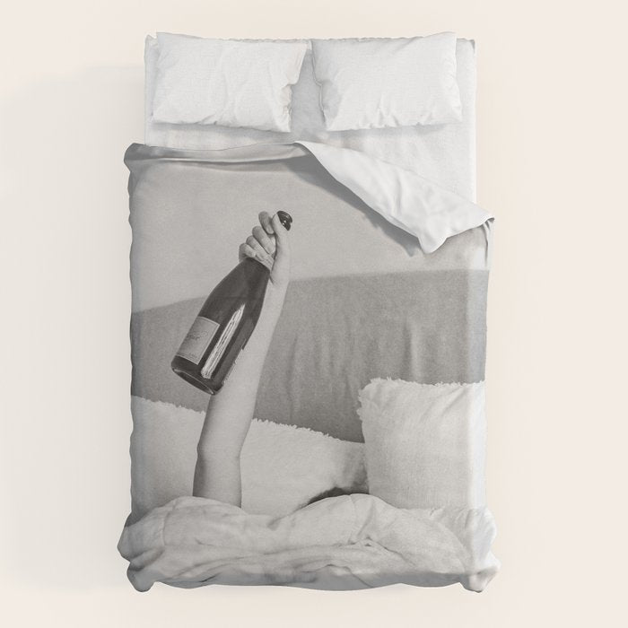 Champagne In Bed - Black And White Photography - Girl With Alcohol Bottle In Hand Photograph - Photo Duvet Cover Gallery Image 6