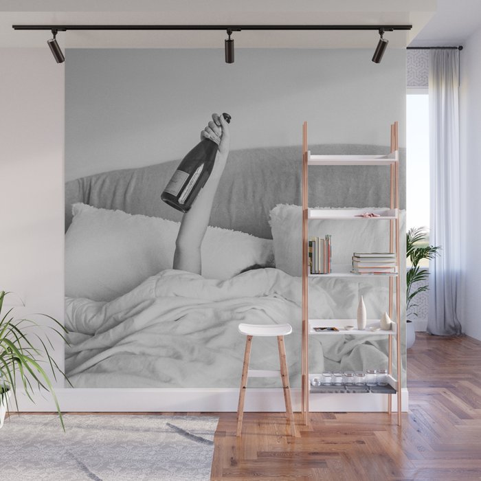 Champagne In Bed - Black And White Photography - Girl With Alcohol Bottle In Hand Photograph - Photo Wall Mural Gallery Image 1