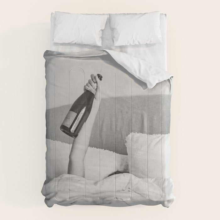Champagne In Bed - Black And White Photography - Girl With Alcohol Bottle In Hand Photograph - Photo Comforter Gallery Image 6