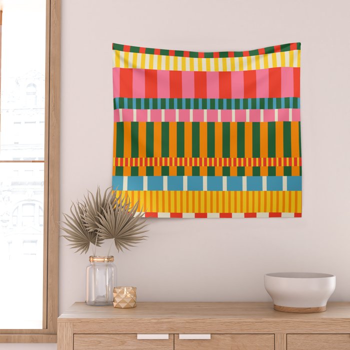 Midcentury Modern Blocks of Stripes colorful pattern Wall Tapestry Gallery Image 2