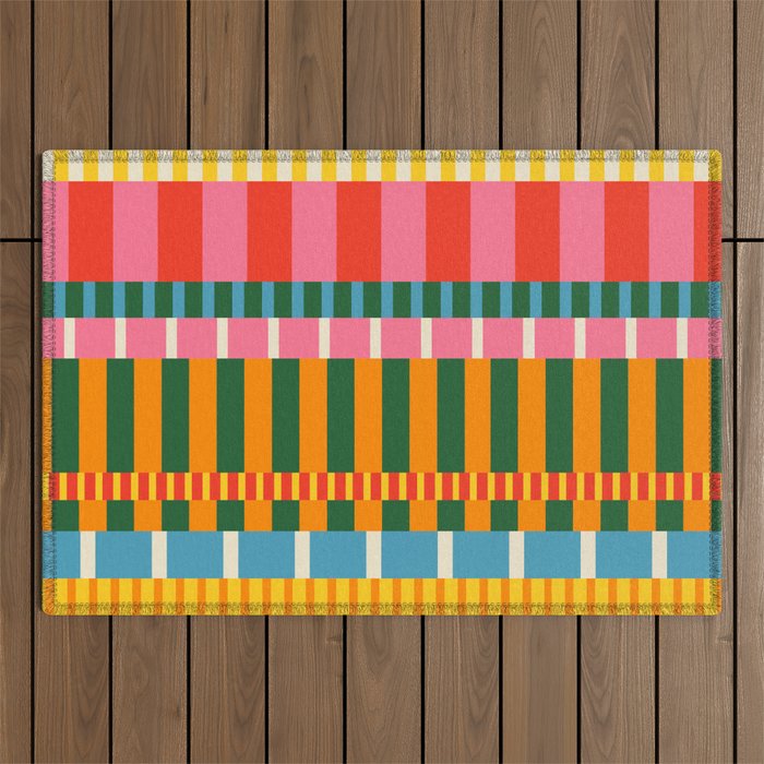 Midcentury Modern Blocks of Stripes colorful pattern Outdoor Rug Gallery Image 1