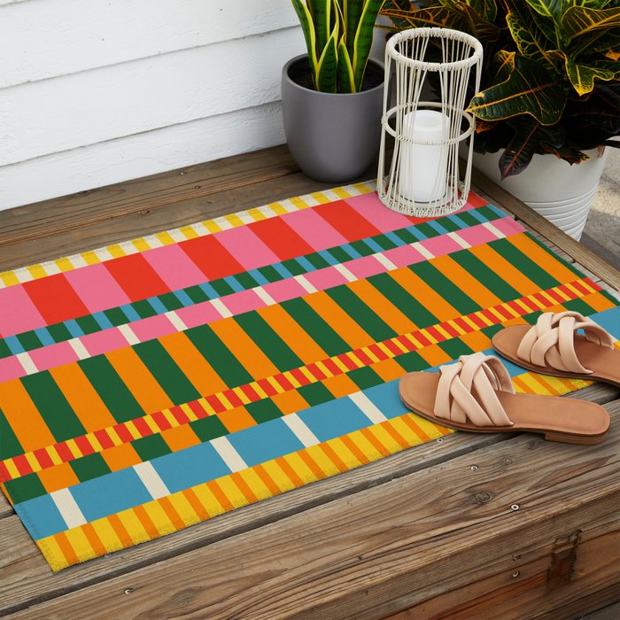 Midcentury Modern Blocks of Stripes colorful pattern Outdoor Rug Gallery Image 2
