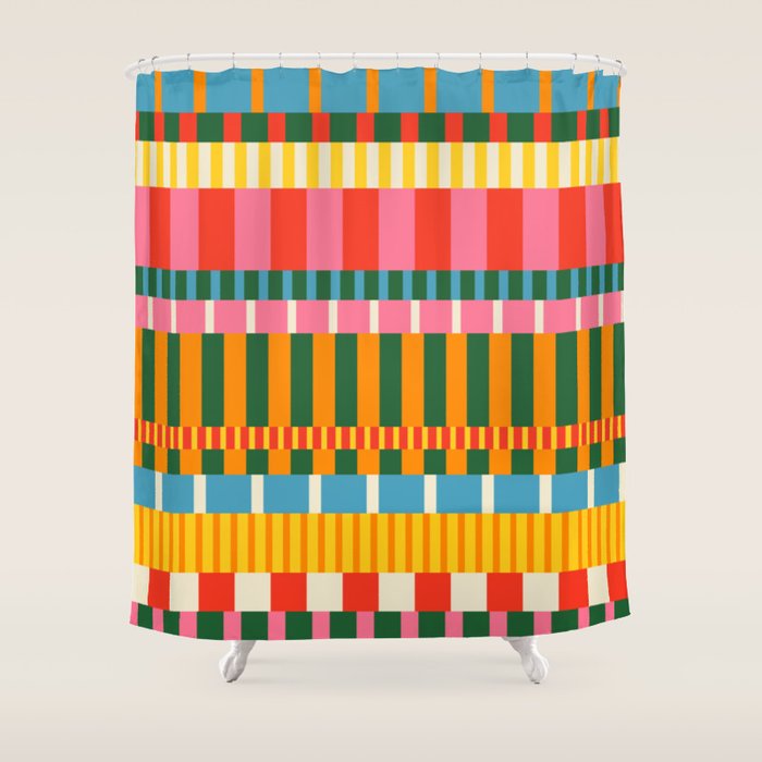 Midcentury Modern Blocks of Stripes colorful pattern Shower Curtain Gallery Image 1