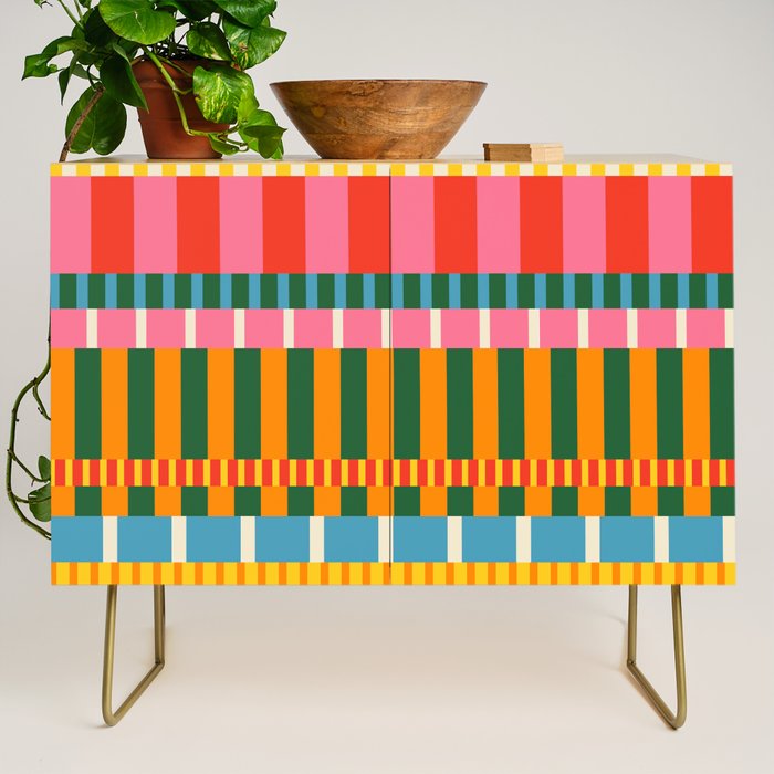 Midcentury Modern Blocks of Stripes colorful pattern Credenza Gallery Image 1