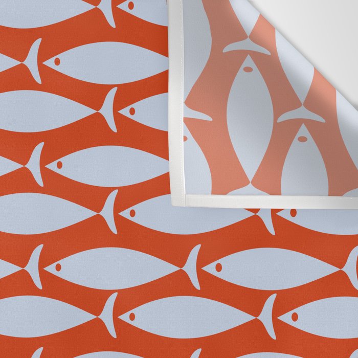 Coastal Fish Retro Pattern in Pale Blue and Bold Red Orange Wall Tapestry Gallery Image 3