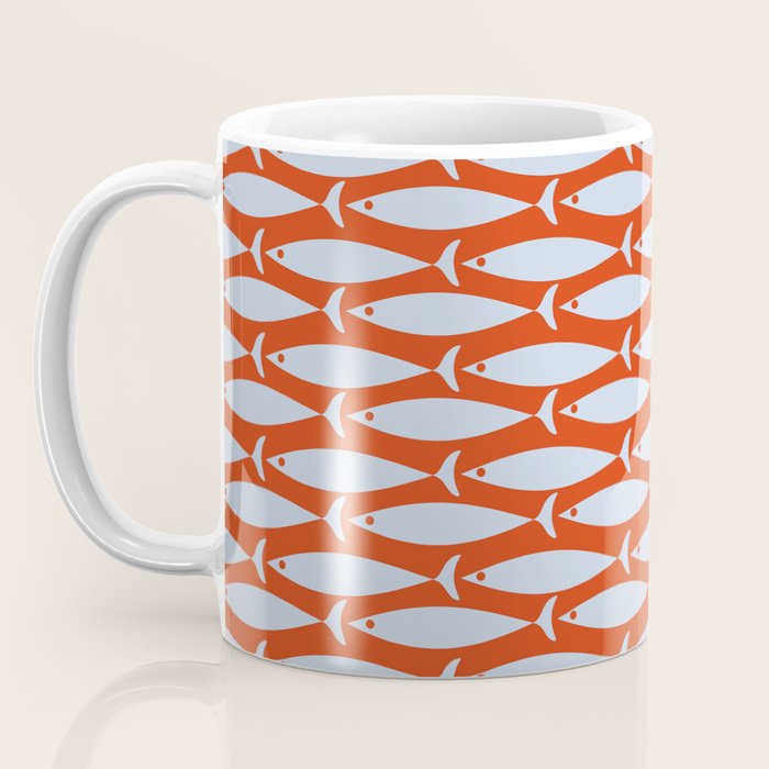 Coastal Fish Retro Pattern in Pale Blue and Bold Red Orange Coffee Mug Gallery Image 3