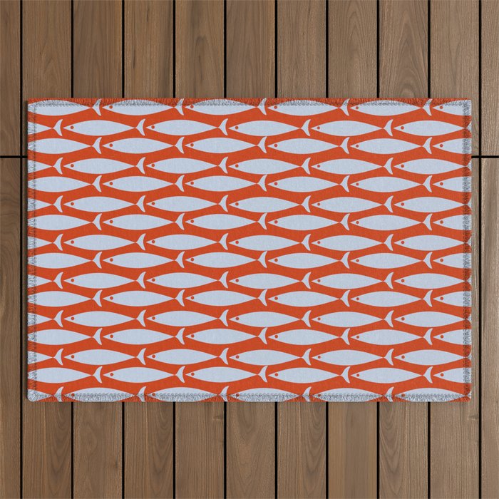 Coastal Fish Retro Pattern in Pale Blue and Bold Red Orange Outdoor Rug Gallery Image 1