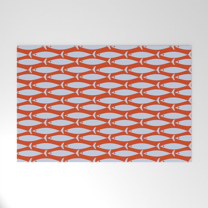 Coastal Fish Retro Pattern in Pale Blue and Bold Red Orange Welcome Mat Gallery Image 1