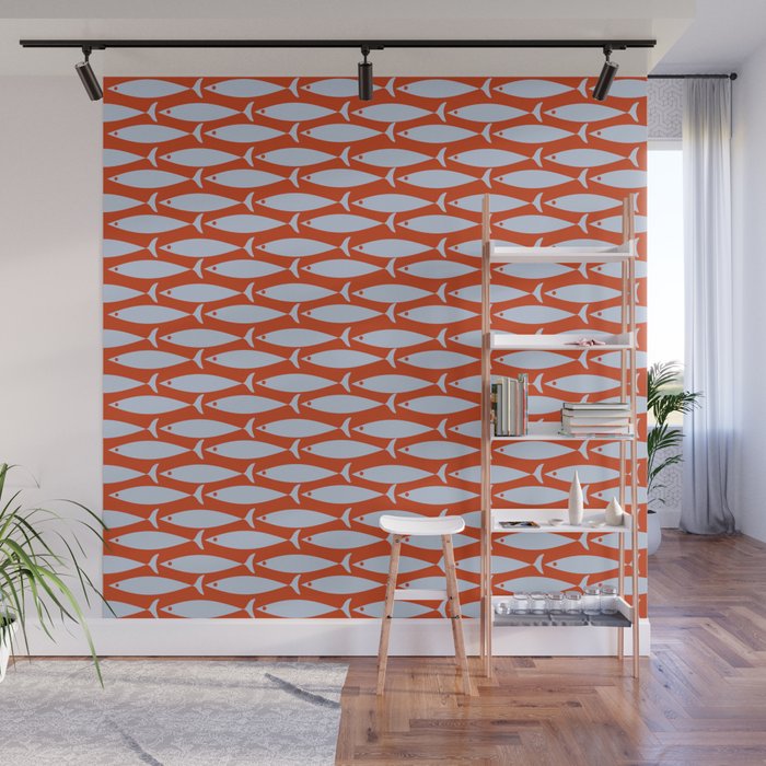 Coastal Fish Retro Pattern in Pale Blue and Bold Red Orange Wall Mural Gallery Image 1