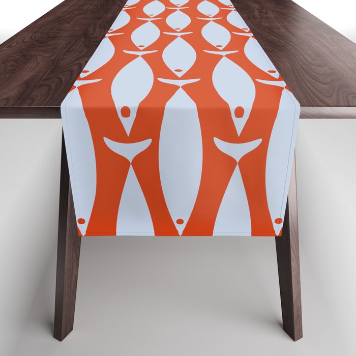 Coastal Fish Retro Pattern in Pale Blue and Bold Red Orange Table Runner Gallery Image 1