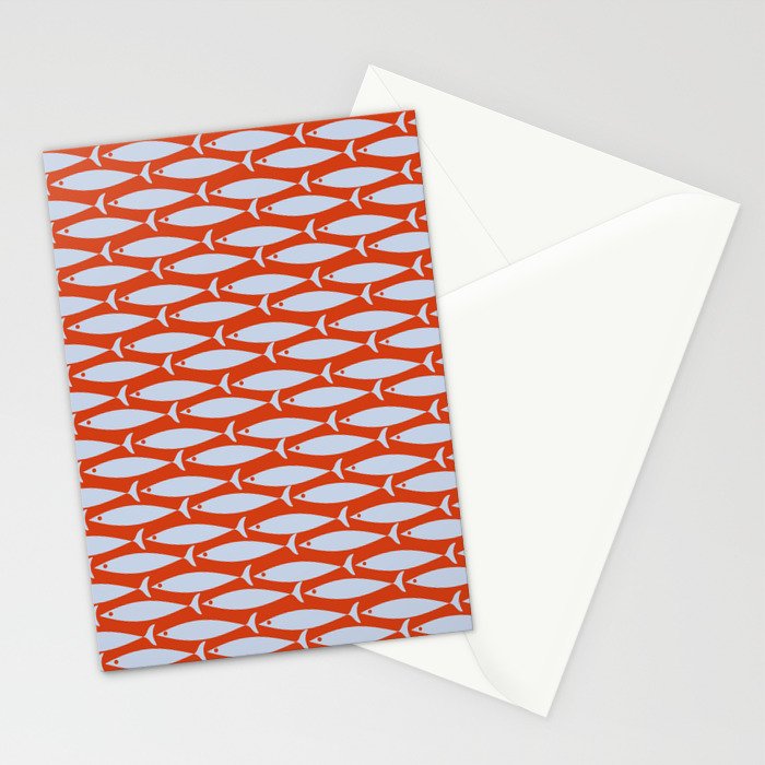 Coastal Fish Retro Pattern in Pale Blue and Bold Red Orange Stationery Card Gallery Image 2