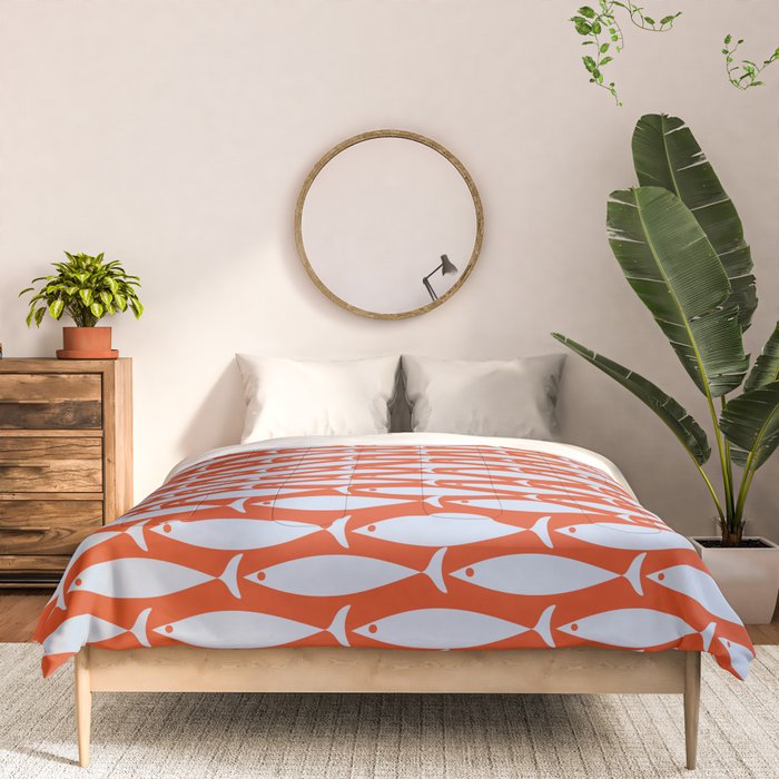Coastal Fish Retro Pattern in Pale Blue and Bold Red Orange Comforter Gallery Image 3