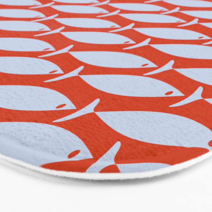 Coastal Fish Retro Pattern in Pale Blue and Bold Red Orange Bath Mat Gallery Image 3