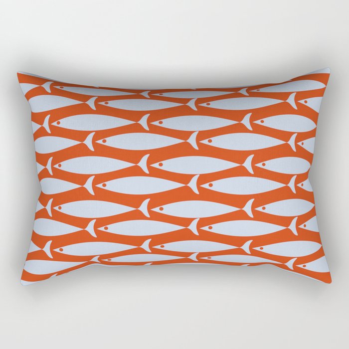 Coastal Fish Retro Pattern in Pale Blue and Bold Red Orange Rectangular Pillow Gallery Image 2