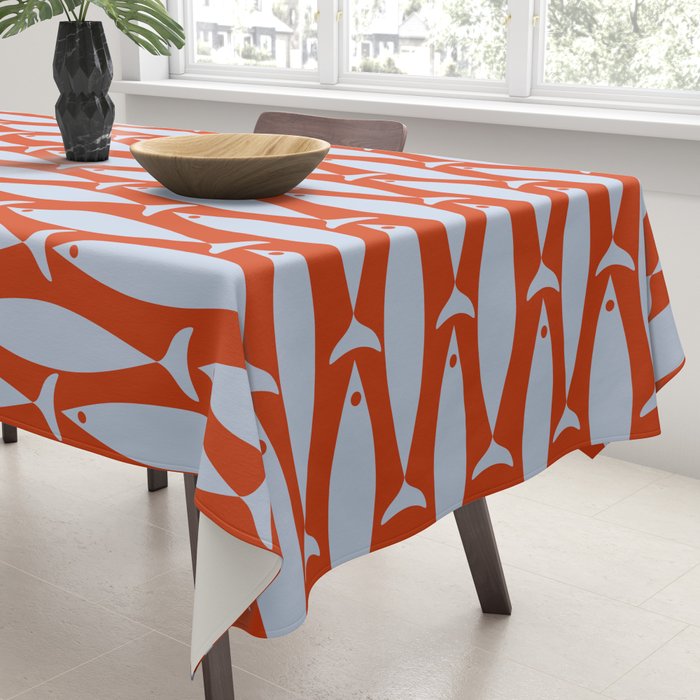Coastal Fish Retro Pattern in Pale Blue and Bold Red Orange Tablecloth Gallery Image 3