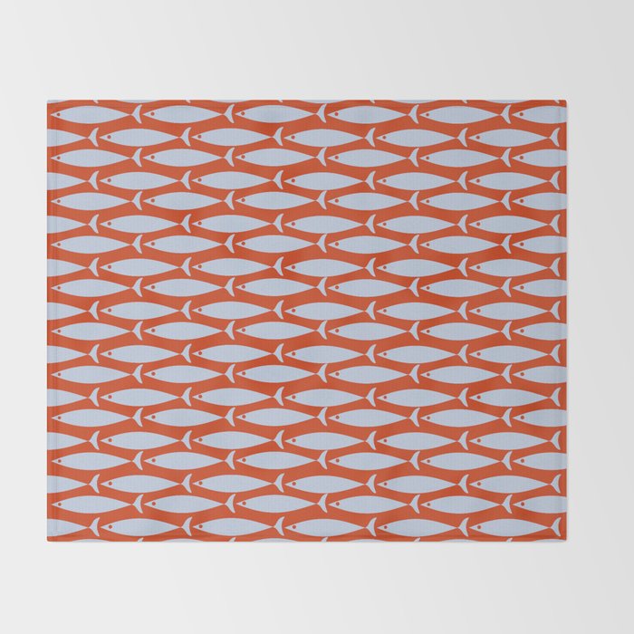 Coastal Fish Retro Pattern in Pale Blue and Bold Red Orange Throw Blanket Gallery Image 2