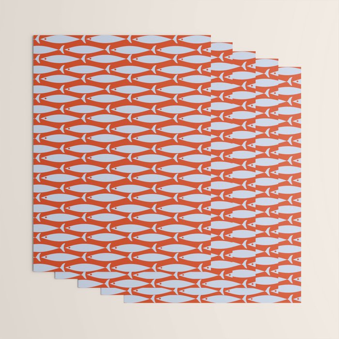 Coastal Fish Retro Pattern in Pale Blue and Bold Red Orange Wrapping Paper Gallery Image 3